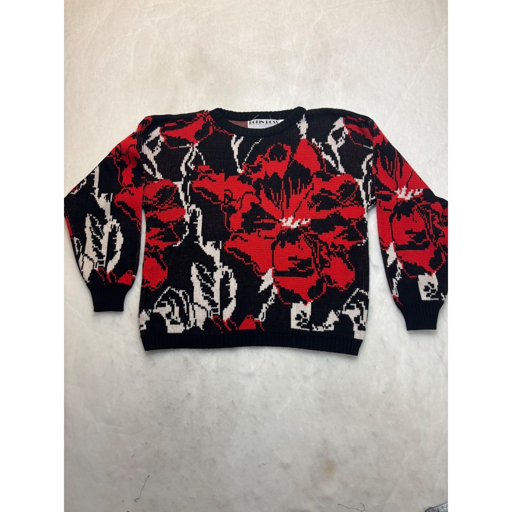 Robin Ross Vintage Floral Knit‎ Sweater Red Black White Graphic Crewneck Large